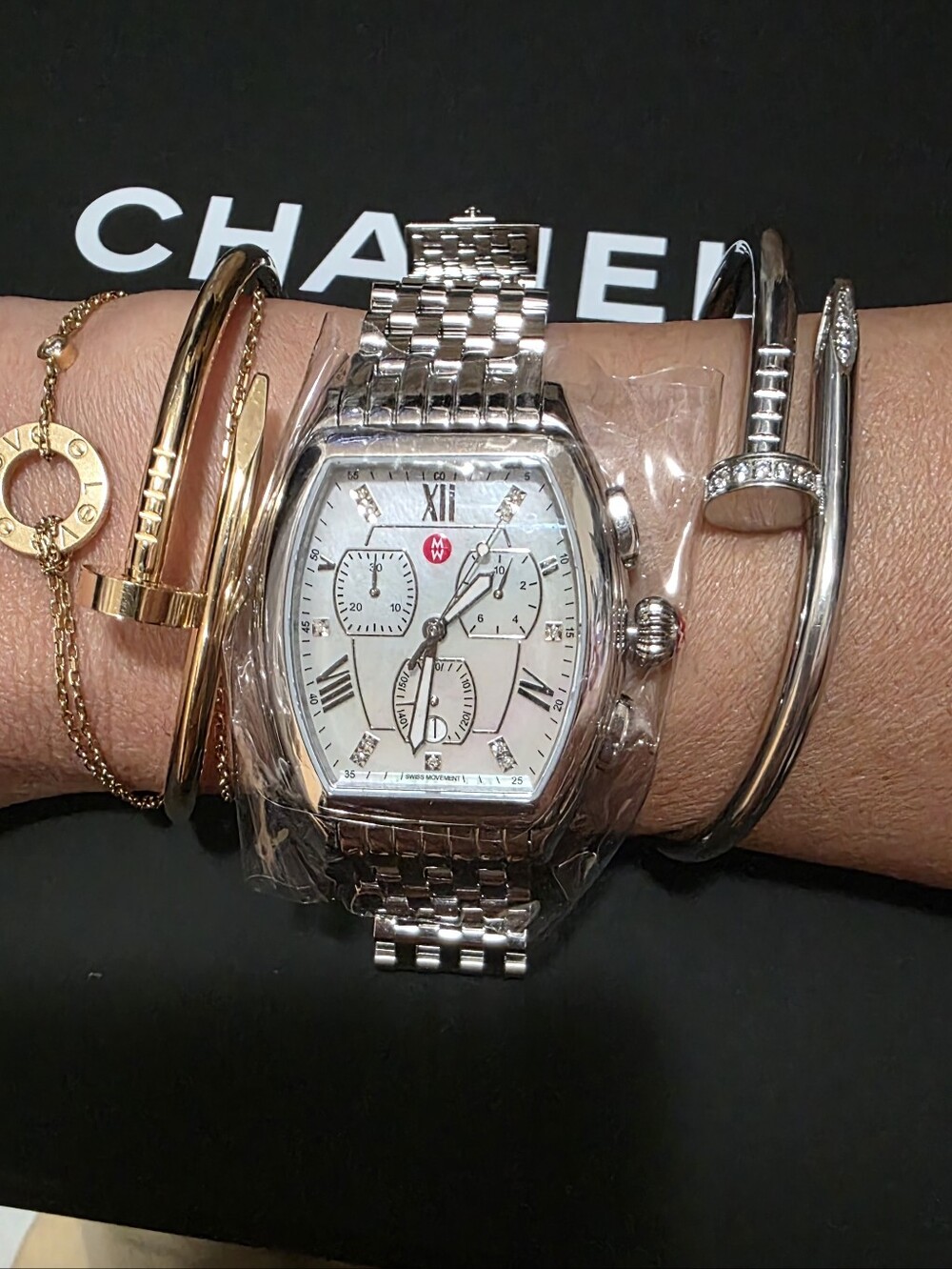 Michele Releve Silver Tone Mother Of Pearl With Diamonds Brand New